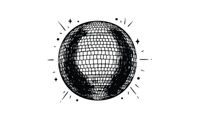 Black and white hand-drawn disco ball illustration with sparkles. Vector retro hand drawn illustration.