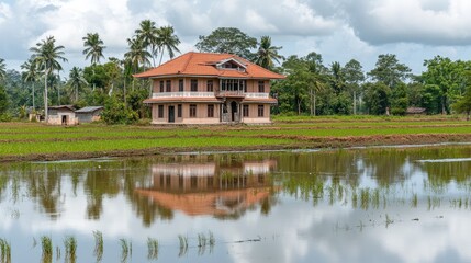 Obraz premium Rustic house reflects in rice paddy