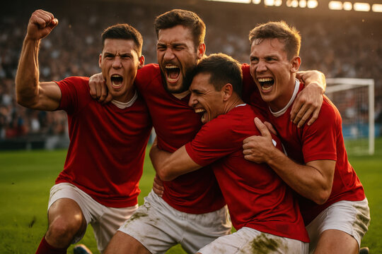 Full-body group shot of male soccer players celebrating goal with joy and emotion on field. Concept of summer sport, teamwork, success, unity, emotion, and elite match performance.