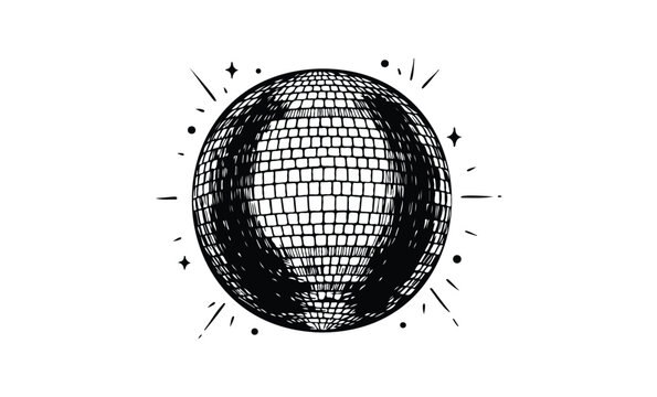 Black and white hand-drawn disco ball illustration with sparkles. Vector retro hand drawn illustration.