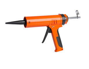 Orange and black caulking gun for construction work isolated on white.