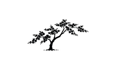 Silhouette of elegant blossoming tree with arching branches. Vector retro hand drawn illustration.