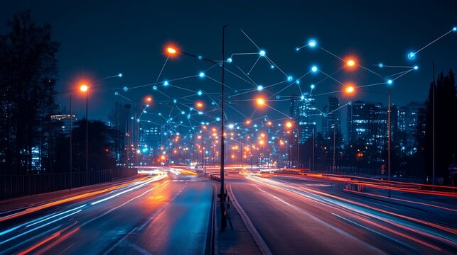 Futuristic Cityscape with Network Overlay and Dynamic Light Trails at Night