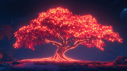 Glowing Red Tree at Night Under a Starry Sky