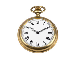Vintage gold pocket watch with intricate details, closed, isolated on white.