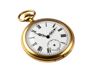 Vintage gold pocket watch with intricate details, closed, isolated on white.
