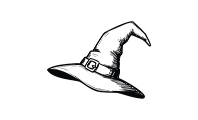 Halloween witch hat illustration with buckle in black and white sketch style. Vector retro hand drawn illustration.