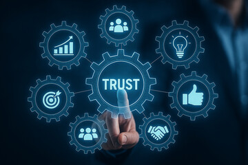 Trust concept business strategy and teamwork concept for success with gears and icons shown here now