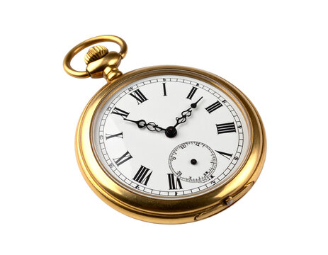 Vintage gold pocket watch with intricate details, closed, isolated on white.