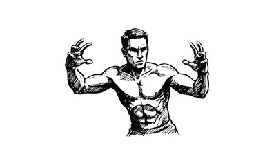 Fototapeta premium Muscular young caucasian male in dynamic pose with intense expression. Vector retro hand drawn illustration.