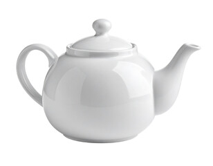 Classic white porcelain vintage teapot with elegant design, angled, isolated on white.