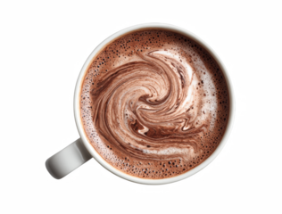 Overhead view of a mug filled with rich, swirled hot chocolate