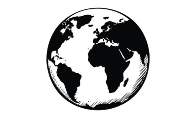 Black and white earth illustration depicting continents on a globe. Vector retro hand drawn illustration.