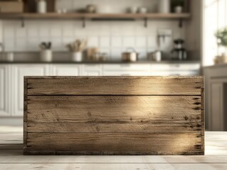 Rustic Wooden Box in a Bright Blurry Kitchen Setting