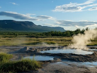 Wide Shot of Geyser Strokkur in Beautiful Icelandic Landscape