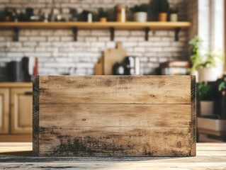 Blurry Wooden Box in Cozy Kitchen Setting with Natural Light