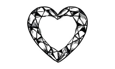 Geometric black and white heart outline with triangular patterns. Vector retro hand drawn illustration.
