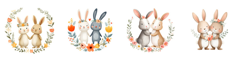 Obraz premium Cute Watercolor Bunny Couples in Floral Wreaths - Easter Art
