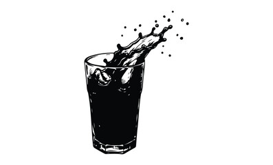 Splashing cola in glass - dynamic ink style black and white vector illustration. Vector retro hand drawn illustration.