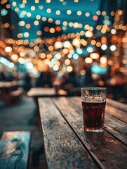 A dark drink sits on a rustic wooden table outdoors at night, under a canopy of warm and cool-toned fairy lights blurring the background of a bustling scene