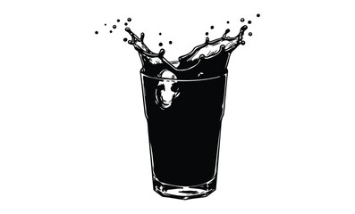Dynamic splash of ice cubes in a glass of water illustration. Vector retro hand drawn illustration.