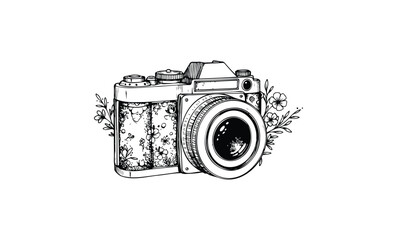 Vintage camera with floral elements and detailed lens in black and white. Vector retro hand drawn illustration.