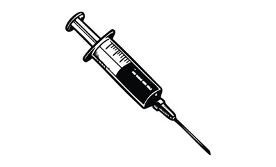 Black and white illustration of a medical syringe with needle. Vector retro hand drawn illustration.