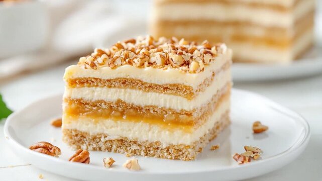 Delectable Slice of Cake: A visually stunning slice of layered cake is presented on a clean plate, inviting viewers to indulge in its visual appeal.
