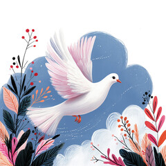 Fototapeta premium White dove flying among colorful flowers and blue clouds 