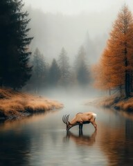 Winding Alpine Stream Through Misty Valley with Young Ibex