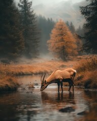 Young Ibex Grazing by Winding Stream in Misty Alpine Valley