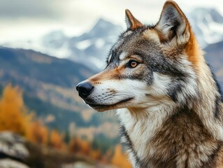 Majestic Wolf Portrait Against Breathtaking Mountain Landscape
