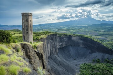 Tower on Cliff Overlooking Active Volcano Landscape in Dramatic Sky