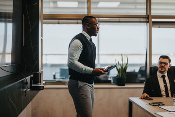 Focused multiracial business people engage in a meeting, emphasizing teamwork and collaboration in...