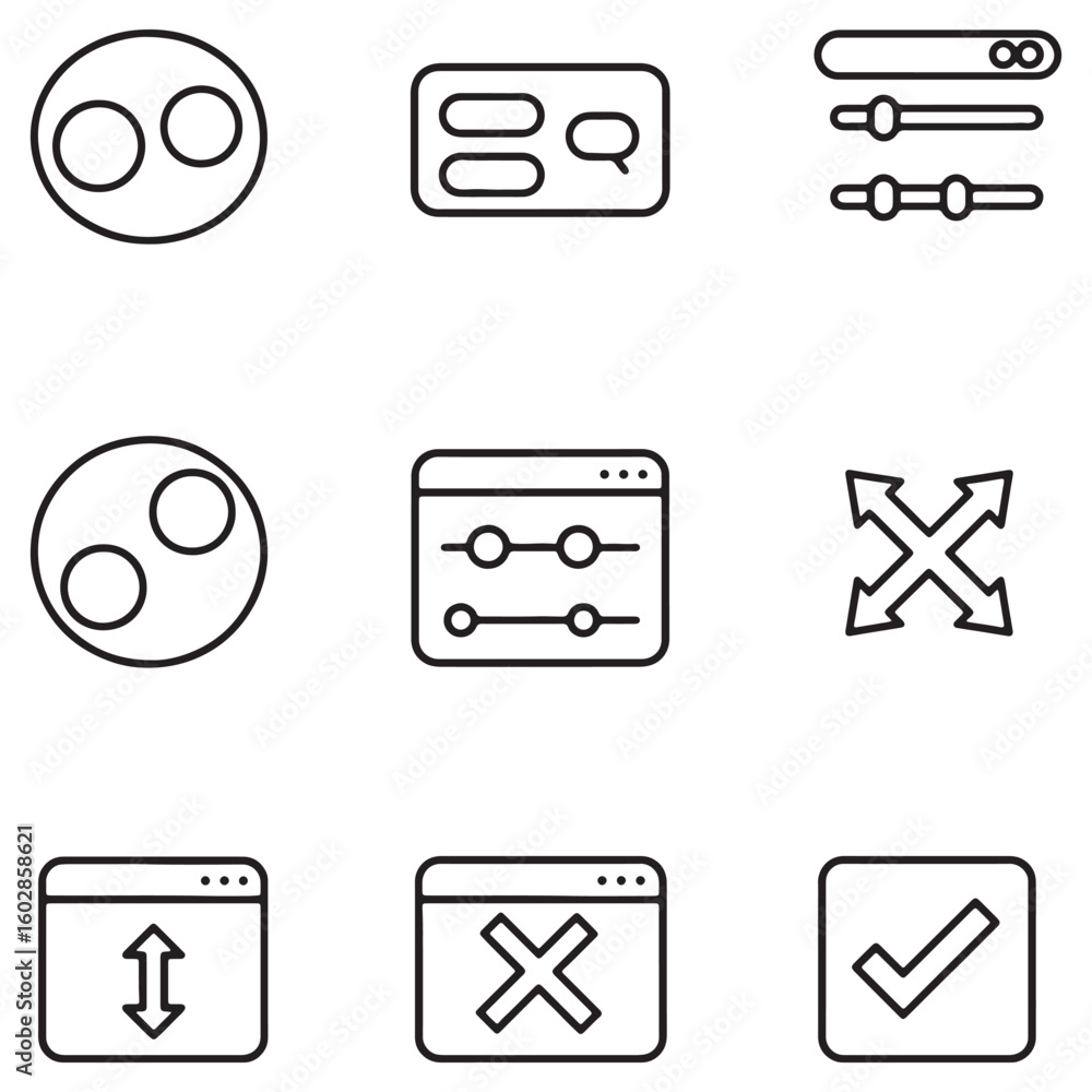 Poster set of minimalist outline icons depicting user interface elements and settings controls