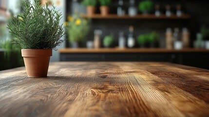 Modern Wooden Kitchen Table Surface with Blurred Background