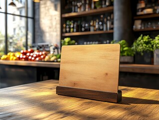 Wooden Table Menu Holder for Buffet Riser Mockup in Modern Setting