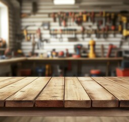 Wooden Table in Garage with Soft-Blurred Background