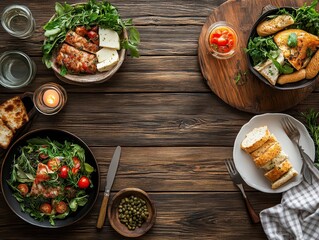 Rustic Wooden Table Top View with Delicious Prepared Dishes