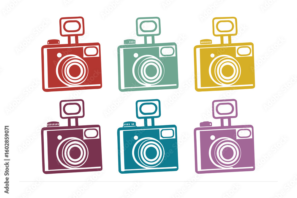 Aufkleber a vibrant collection of six retro style cameras in various bright colors each with a pop up flash pr