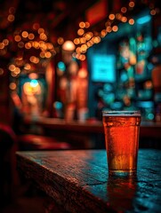 A pint of amber beer sits on a dark wooden bar top, softly lit by a bokeh of warm string lights and the cool glow of a back bar.  The scene suggests a cozy, dimly lit pub atmosphere