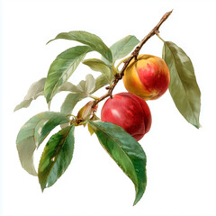 Botanical Peach Branch Illustration – Watercolor Style with Leaves, Isolated on White Background