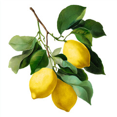Botanical Lemon Branch Illustration – Watercolor Style with Leaves on White Background
