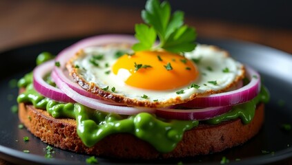 Healthy Breakfast Toast with Fried Egg, Green Peas, and Red Onion