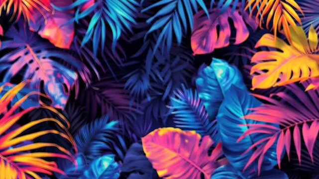 Background with tropical monstera leaves with neon light.