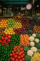 Vibrant Market Produce: A kaleidoscope of fresh, colorful fruits and vegetables bursts forth in a bustling market setting.