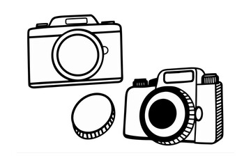 Two hand drawn illustrations of vintage cameras with a lens cap capturing the essence of retro photography