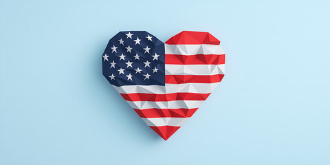 Fototapeta premium Heart-shaped symbol with stars and stripes, a geometric design on a blue background. A symbol of national pride and love for the country.