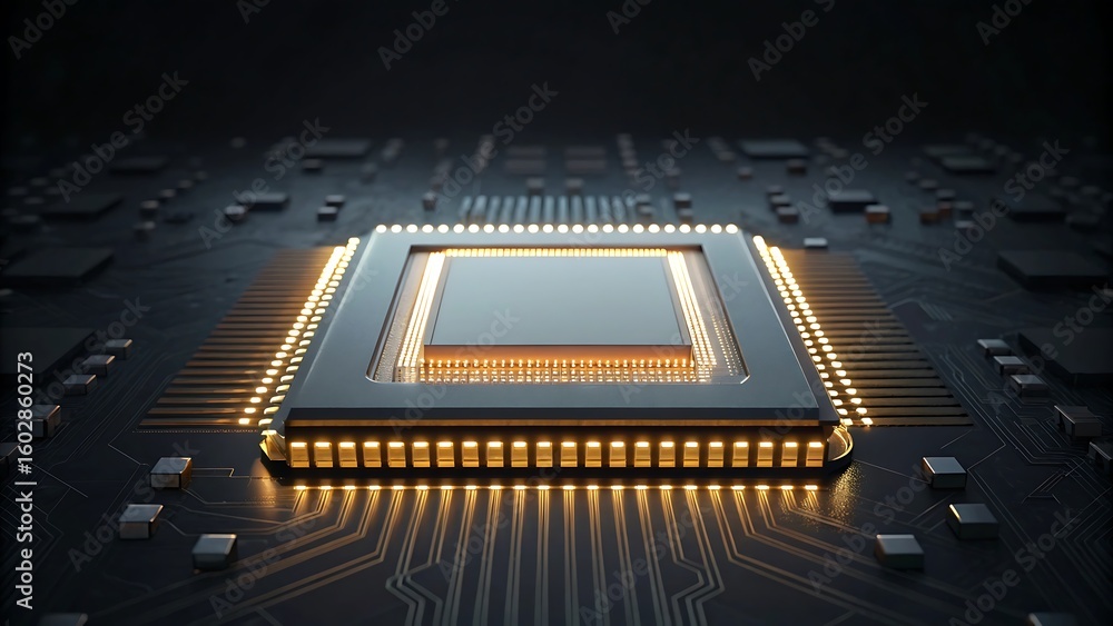 Poster central processing unit glowing with golden light on a dark circuit board processor technology