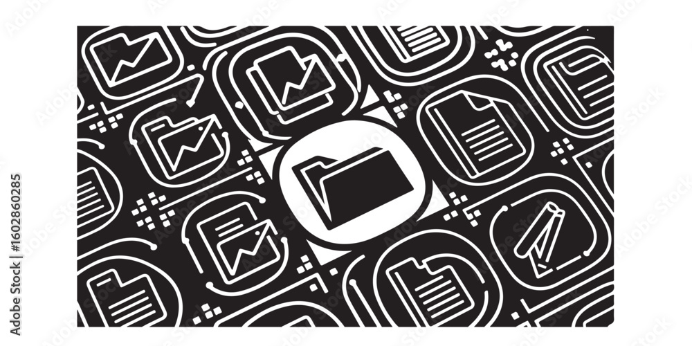 Poster black and white pattern with folders documents and charts in a seamless repeating design element sty